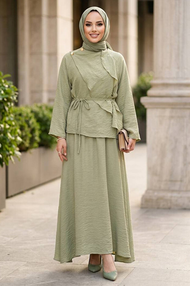 Drapeli Belted Tulle Modal Pistachio Green Hijab Suit 31051Fy
