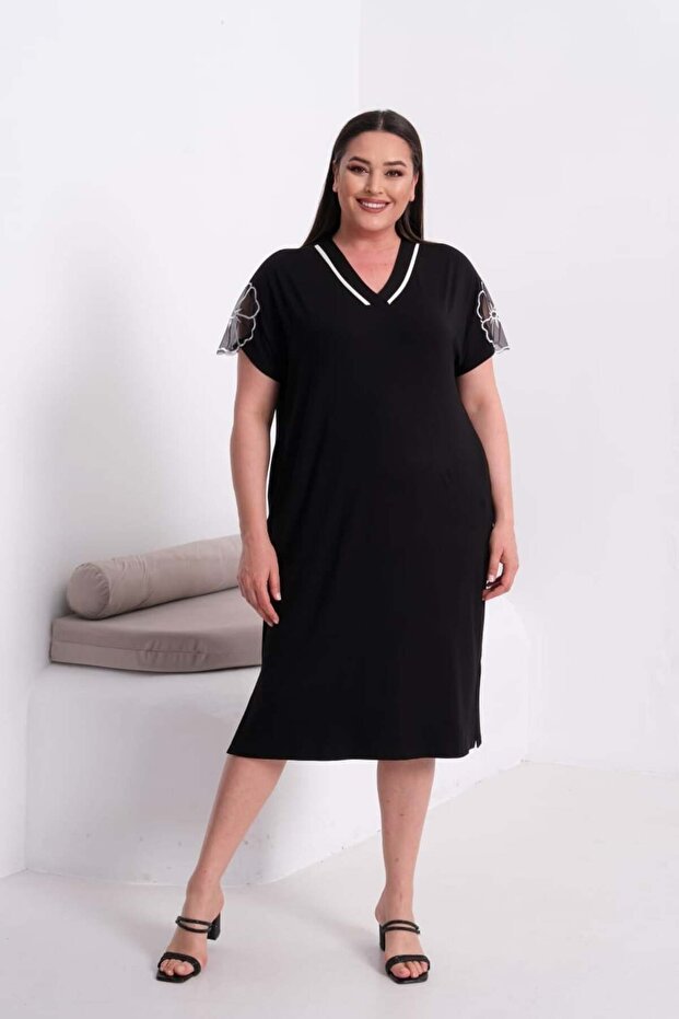 Women's Black Clover Patterned Sleeve Detailed Combed Cotton Stylish Dress