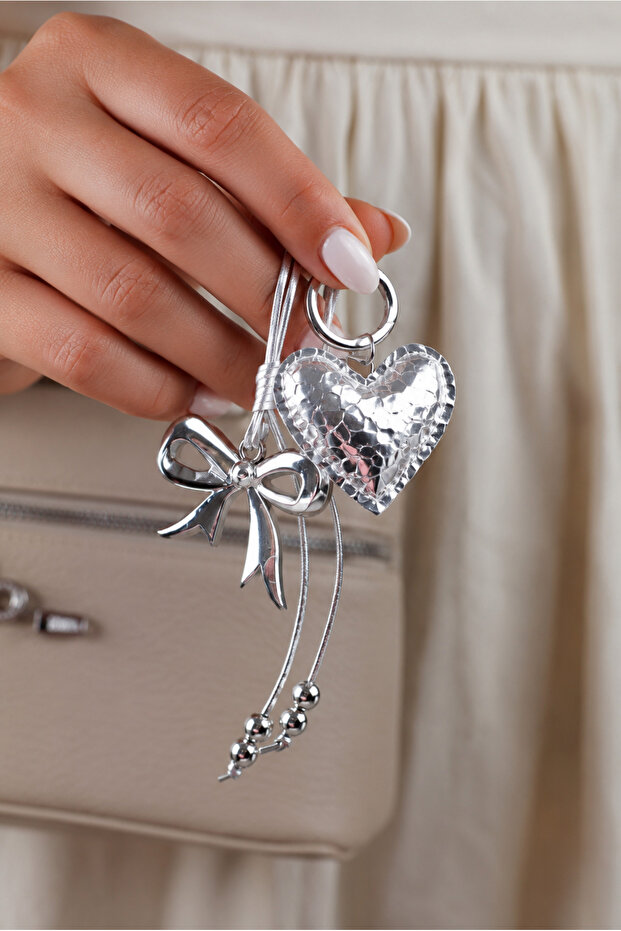 Silver Inflatable Heart, Bow, Beads and String Bag Ornament, Keychain