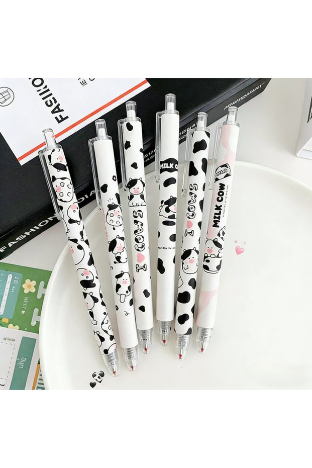 6Pcs 6Pcs Cute Cow Retractable Gel Pens 0.5mm Smooth Writing Cartoon Milk Cow Gel Pen Kawaii Station