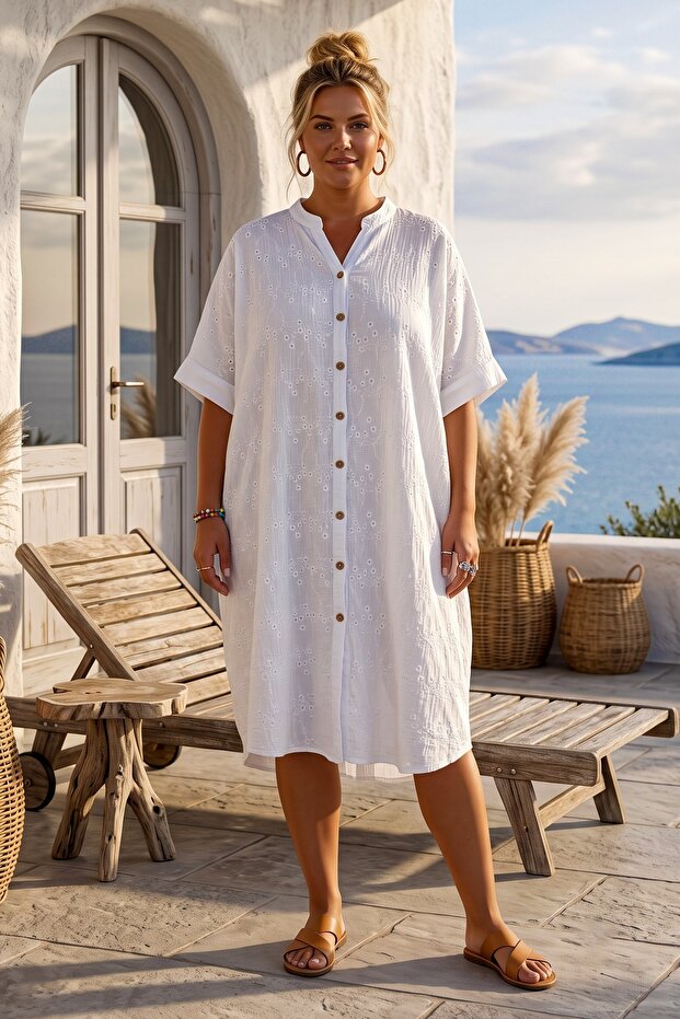 White High Collar Short Sleeve Buttoned Hidden Pocket Embroidered Casual Woven Dress 105 75
