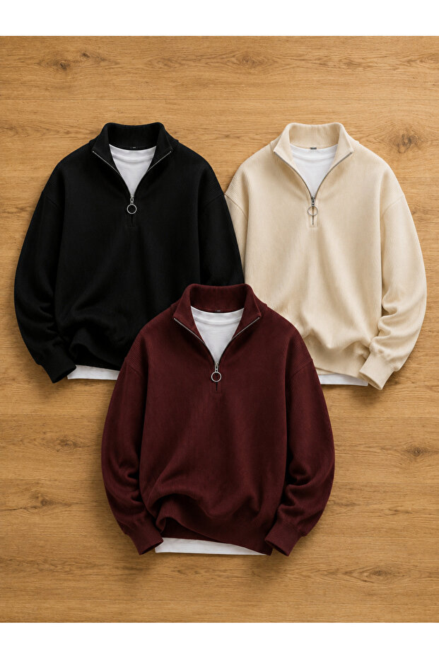 Advantageous 3-Piece Set Premium Men's Casual Half-Zipper Winter Knitwear Thessaloniki Sweater