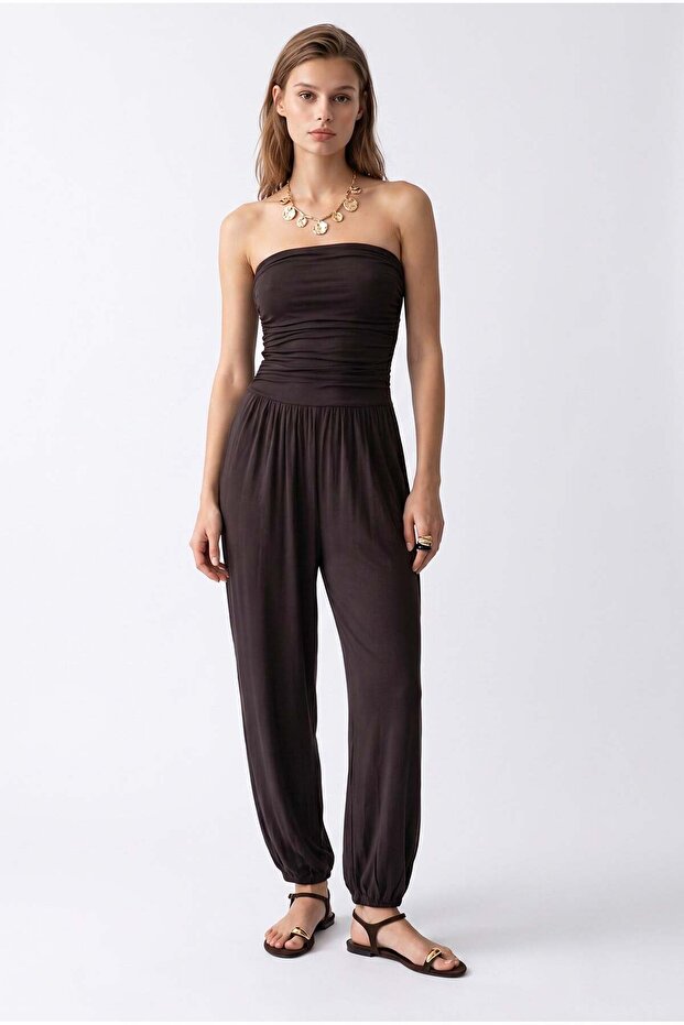 4956 Women's Strapless Gathered Elastic Leg Hem Jumpsuit Brown
