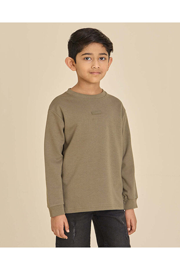 Boys Olive Plain Long Sleeve Crew Neck T-Shirt
