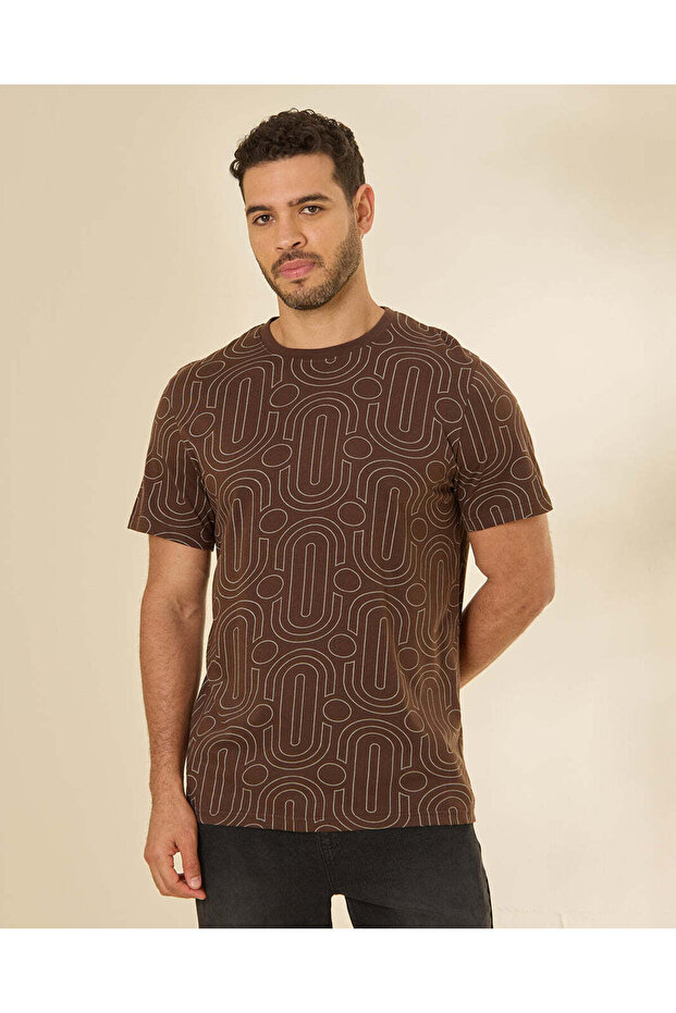Men Brown Geometric AOP T-Shirt