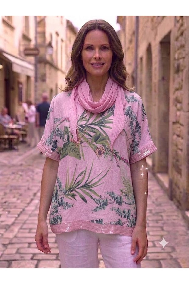 Women's Italian Bali Patterned Loose Blouse with Sequin Detail on Sleeves and Hem, and Scarf