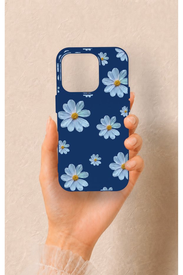 iPhone 15 Pro Compatible Blue Daisy Pattern Silicone Case
