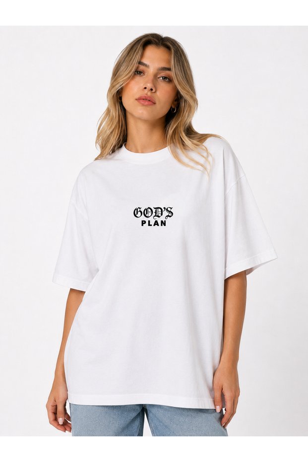 Unisex Women's Men's God's Plan Written Front Design Printed Oversize Thick Fabric Comfortable Cut T-Shirt