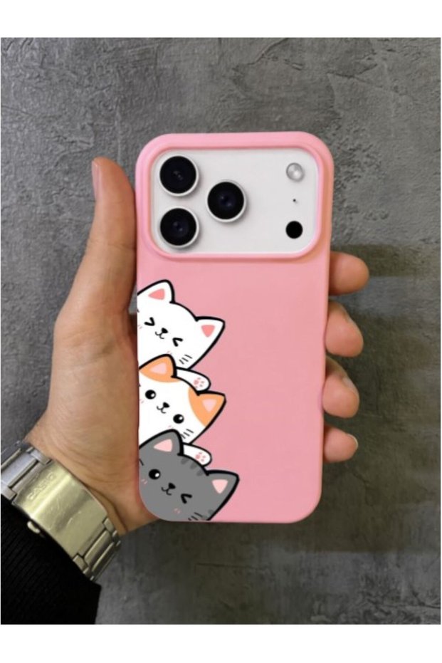 iPhone 17 Pro Max Compatible Side-Facing Triple Cat Pattern Pink Case