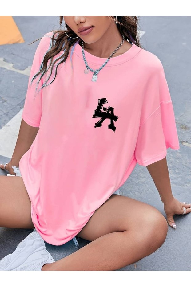 Women's Pink Logo La Printed Oversize T-Shirt