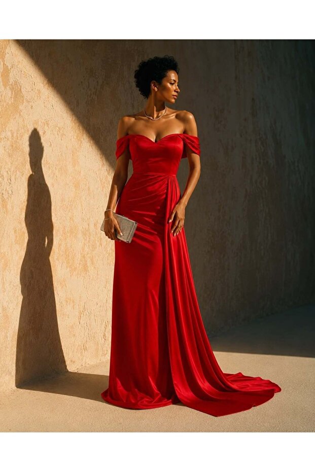 Satin Fabric Off-Shoulder Maxi Dress 582441 Red