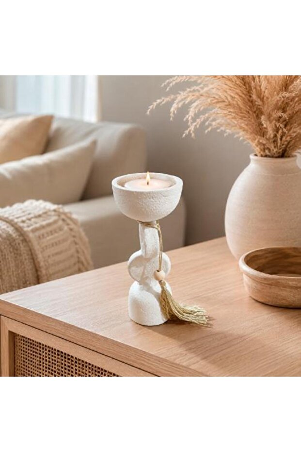 Bohemian decorative candlestick with tassel – Off-white