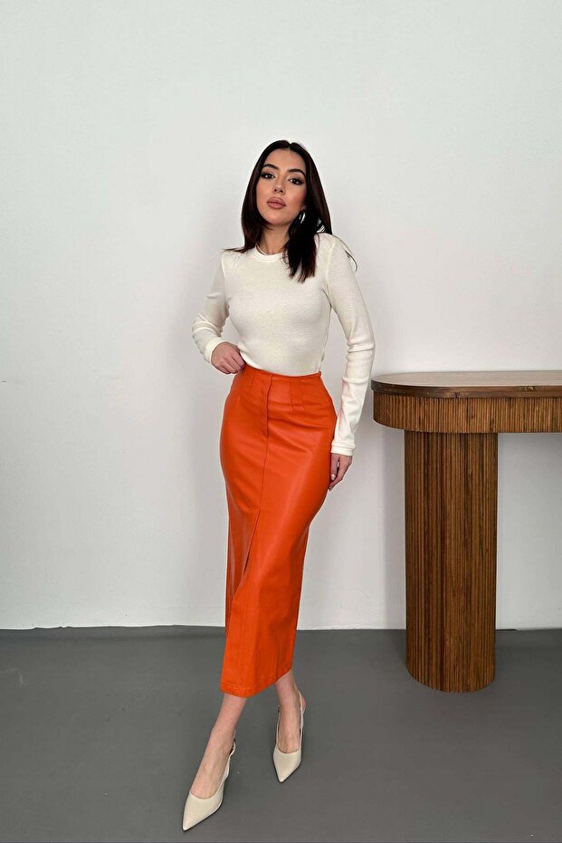 Women's Orange High Waist Slit Decorative Patch Pencil Cut Midi Skirt
