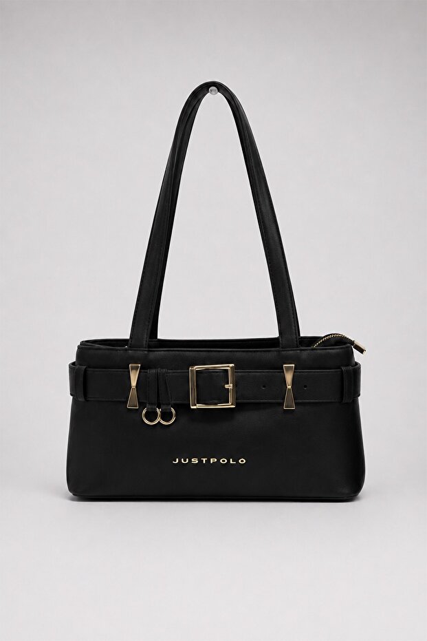 Women's Verona Belt Buckle Leather Look Multi-Compartment Black Shoulder Bag