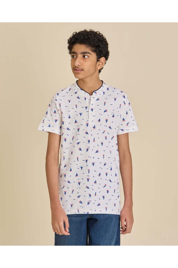 Senior Boys White Printed Mandarin Collar Polo