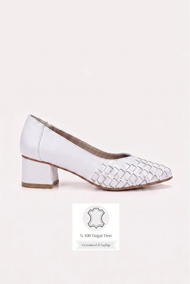 Women's White Braided Genuine Leather Heeled Shoes Size 35-41