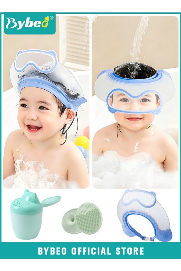 3 PCS Kids Bath Shampoo Set, Baby Shower Cap, Shower Cup with Hair Shampooing Brush for Toddlers, Toddler Hair Washing Shield, Adjustable Bath Hats for Kids, Silicone Visor Guard Shower Cap for Eye an