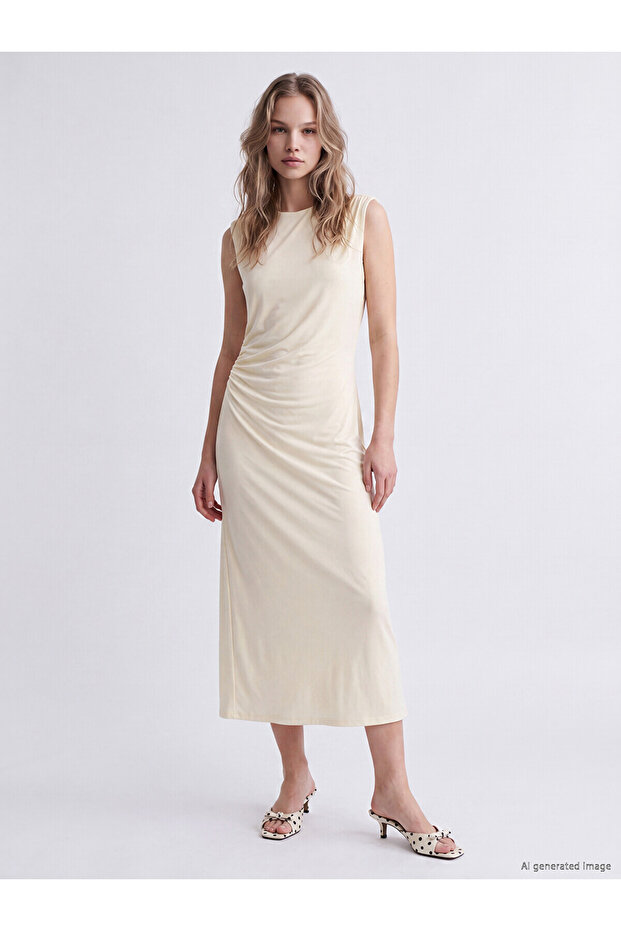 Original Oval Collar Gathered Modal Blend Dress