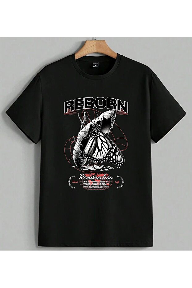 Reborn Resurrection Butterfly Printed Unisex Oversize T-Shirt Black