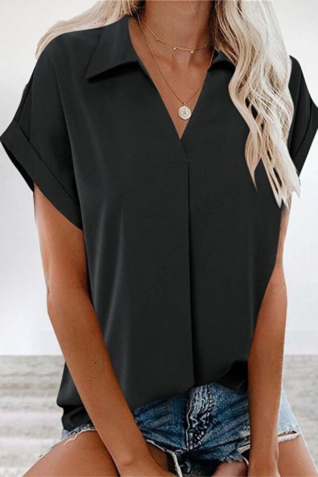 Women's Short Sleeve Collared Woven Viscose Blouse