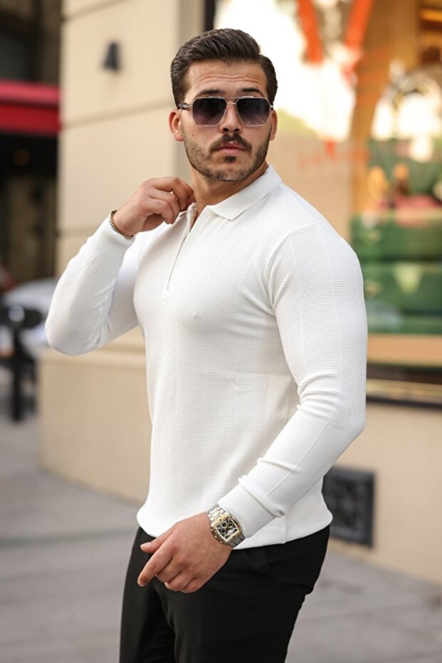 Men's Brass Patterned Long Sleeve Collared Knitwear