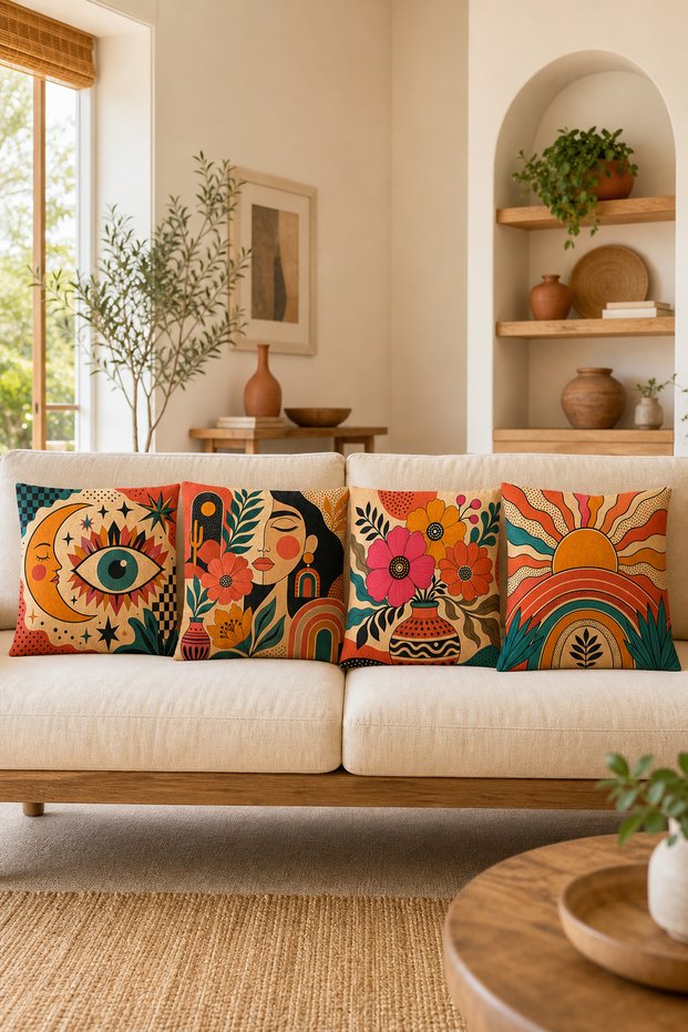 Set of 4 Modern Decorative Throw Pillow Covers – Bonjour Chill Ciao Printed Living Room Sofa Cushion Covers 43X43 cm