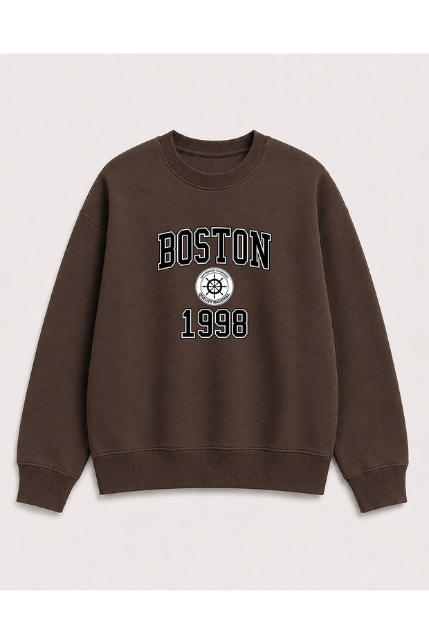 Boston Print Detailed Crew Neck 2 Thread Sweatshirt