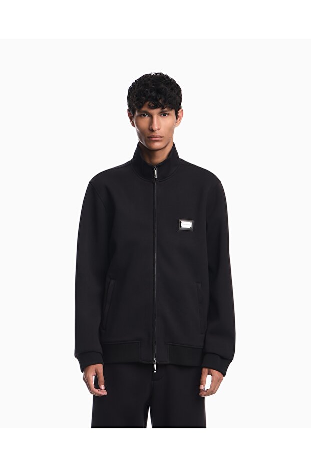 Men's Regular Cut Zippered Stand Collar Metal Plate Logo Long Sleeve Black1 Jacket