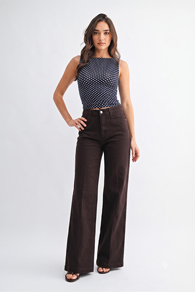 Women's Brown Wide Leg Jean Trousers High Waist