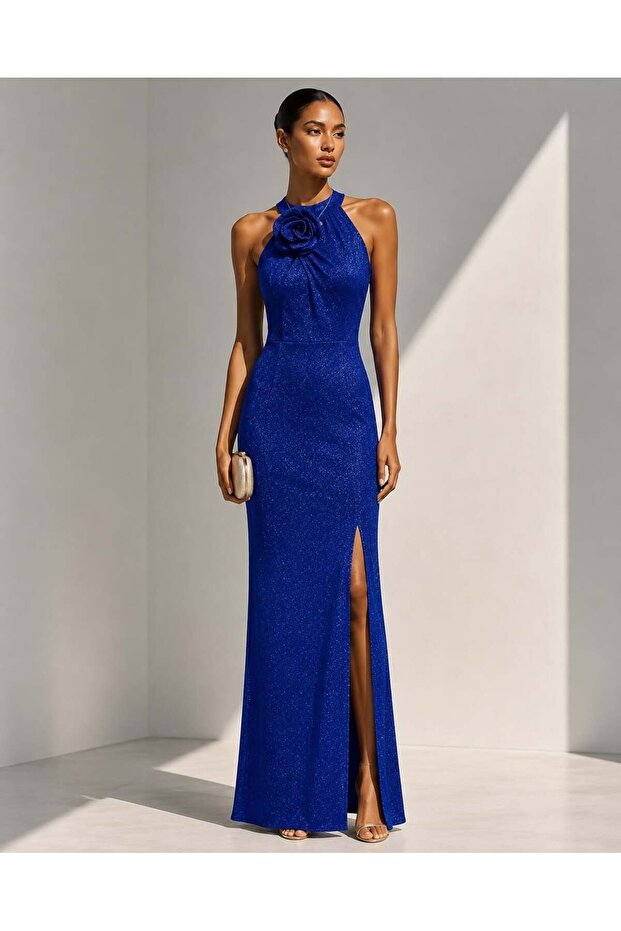 Flexible Flowers Fabric Collar Rose Detailed Slit Evening Dress Cobalt Blue 583261