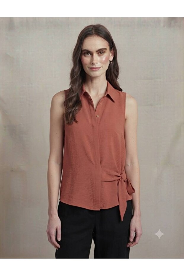 Women's Side Tie Sleeveless Shirt Collar Blouse