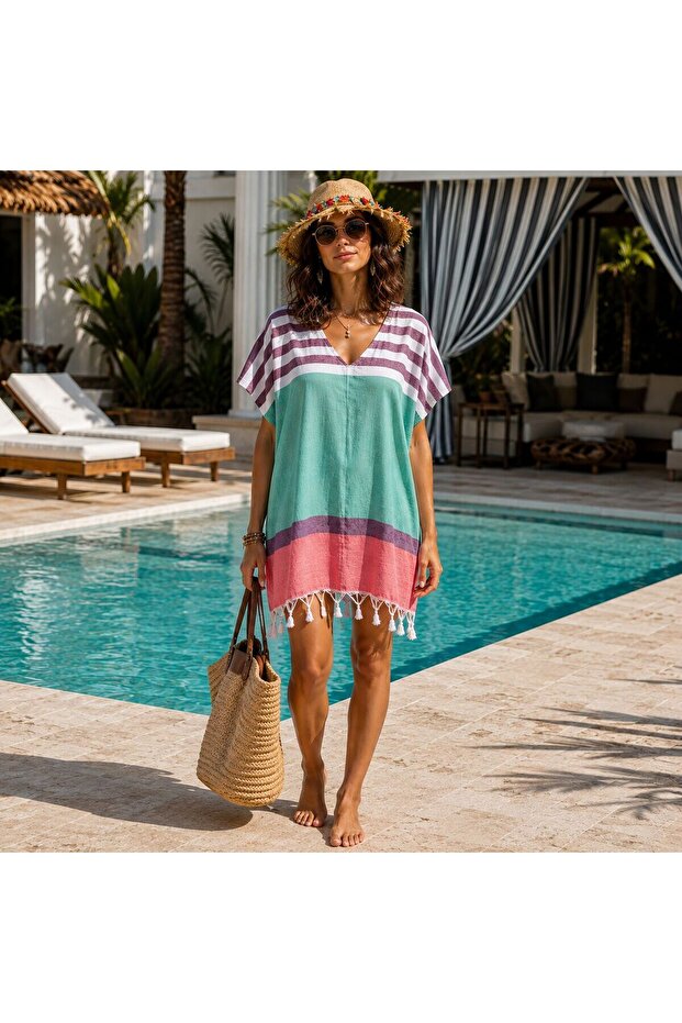 Par-13058 Mint Pink Striped Peshtemal Beach Dress & Pareo | Eos Collective