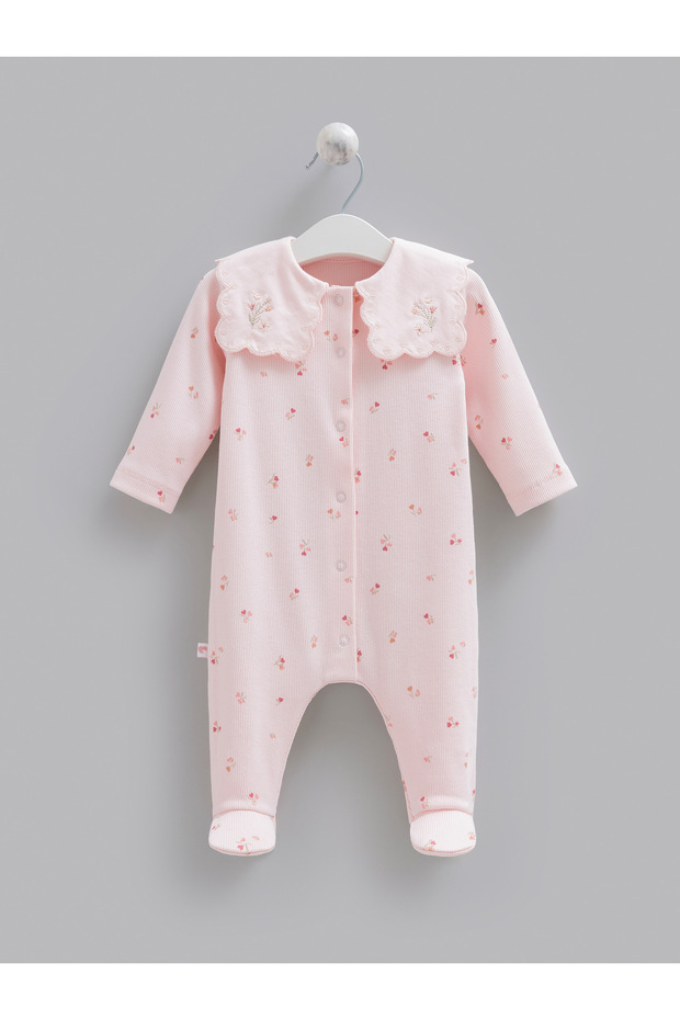 100% Cotton Baby Girl Romper, Interlock Fabric, Floral Pattern, Embroidered Collar, Self-Made Booties