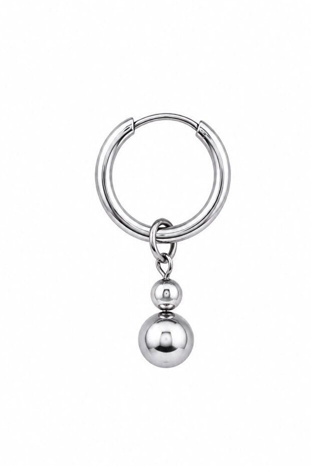 Unisex Silver Color Surgical Steel Dangle Double Ball Figured Hoop Earring 1 Piece