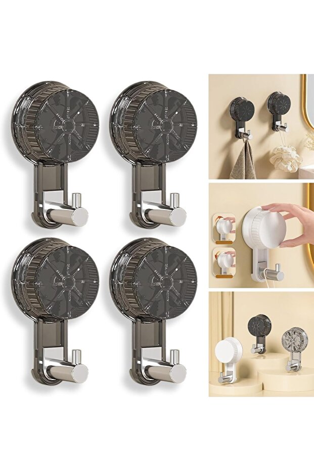 Bathroom suction cup hooks, 4-Pack - Strong vacuum suction hooks, won't damage walls, can hang towels & razors,, reusable, transparent black