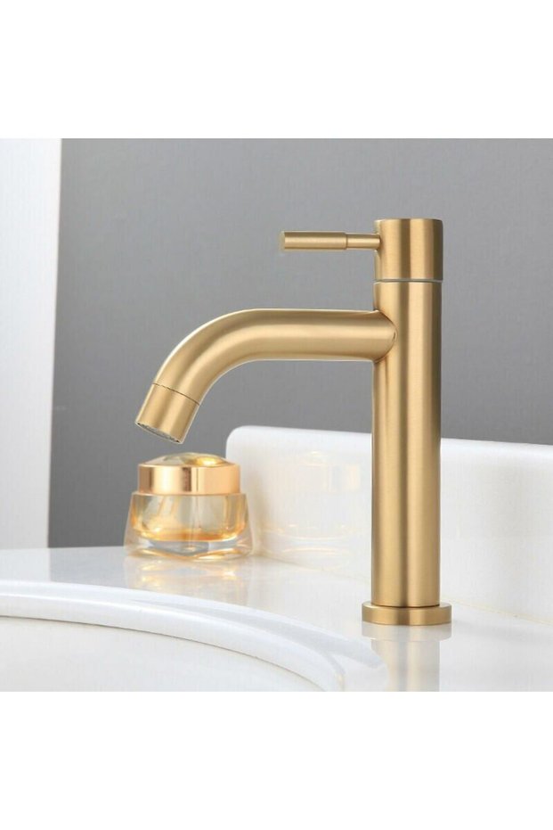 Single cold water basin faucet, stainless steel bathroom countertop sink faucet, four-hole PVD basin faucet