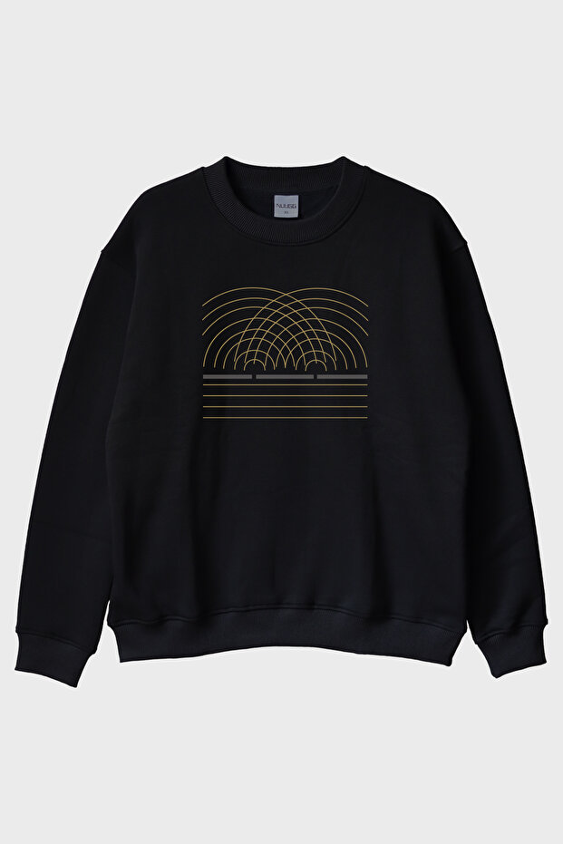 Double Slit Patterned Gold Striped Black Crew Neck Sweatshirt