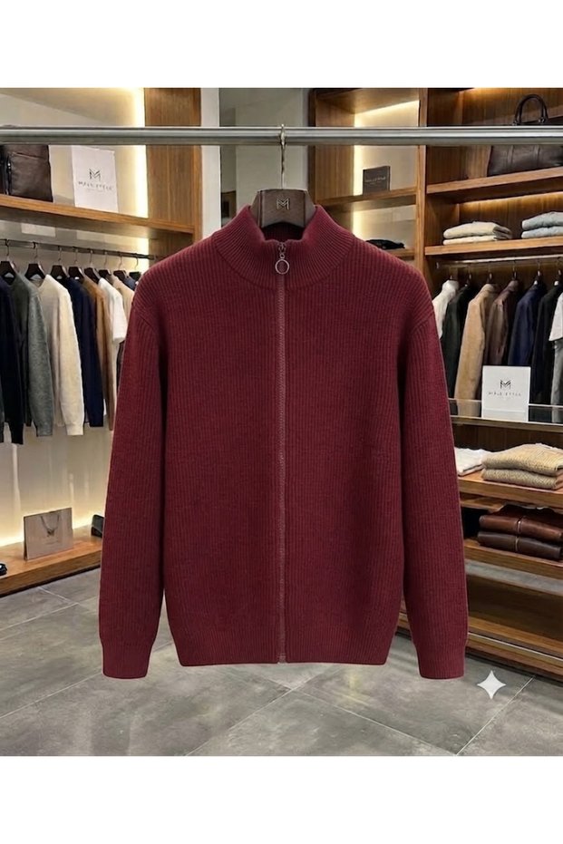 Men's Full Zipper Stand Collar Cardigan Sweater Thick Winter 100% Cotton Turtleneck Basic Knitwear