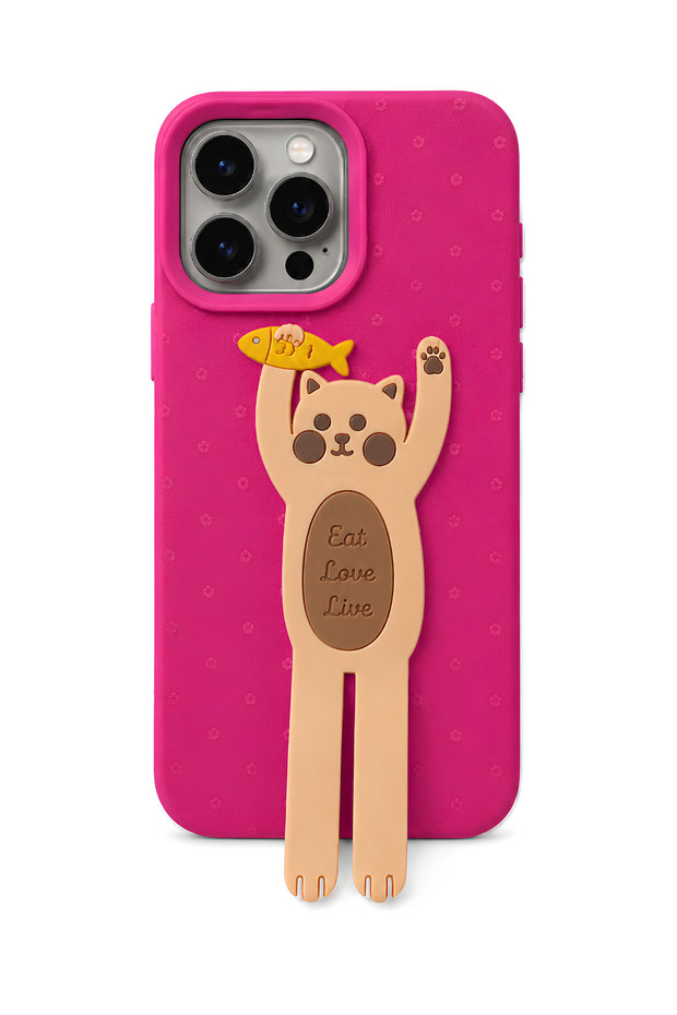 iPhone 15 Pro Max Soft Touch Silicone Phone Case with 3D Cat Figure and Stand