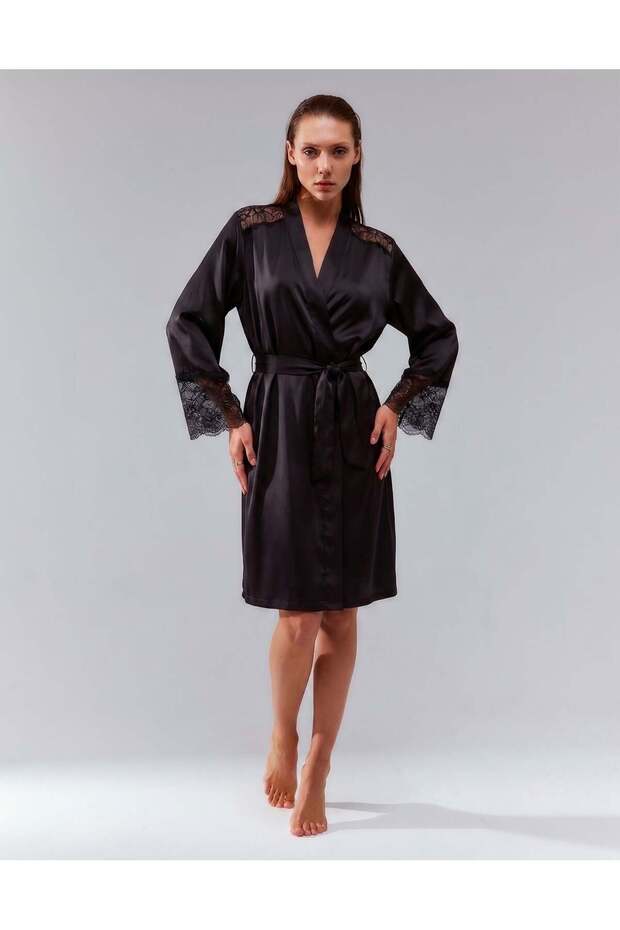Diana Black Lace Detailed Satin Dressing Gown