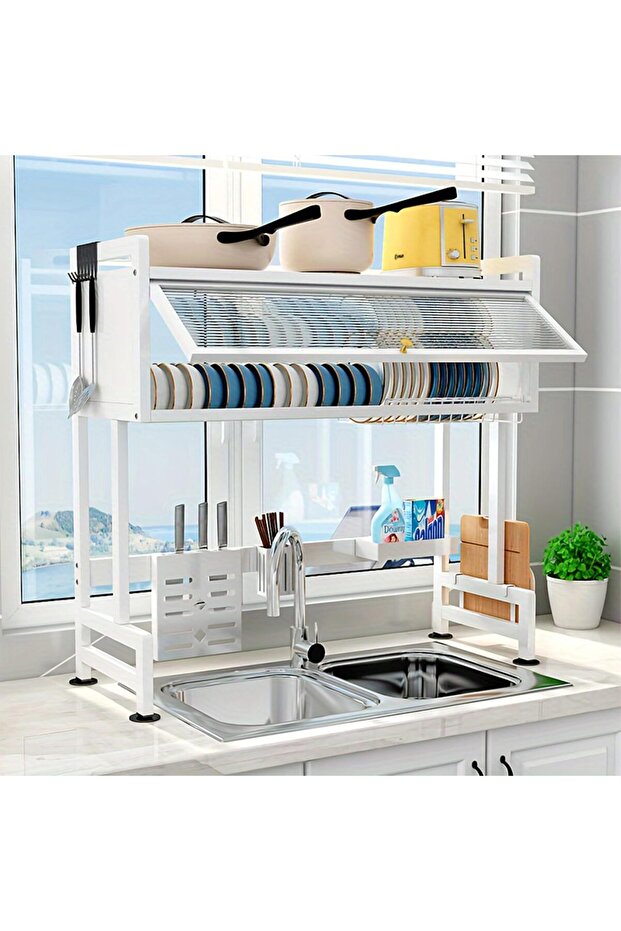 Double Layer 2 Tier Over The Sink Dish Drying Stand Drainer Organizer Storage Rack With Dustproof Door Kitchen Countertop Cutlery Organizer Utensil Holder Drain Bracket Shelf 85cm (White)