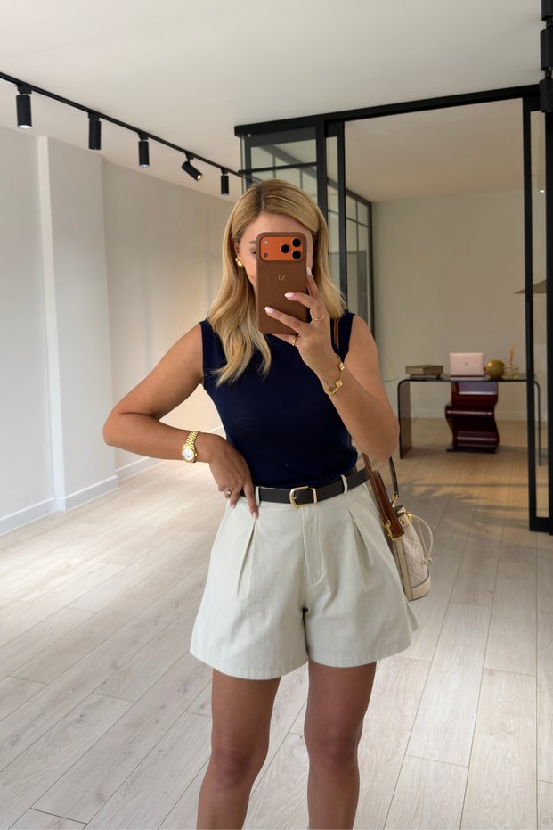 Belted Pleated Detail Stone Shorts