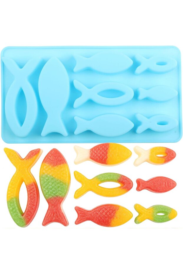 Two fish-shaped silicone candy molds, suitable for candy and chocolate baking, and cake decoration.