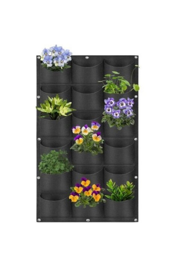 18-pocket wall-mounted planter bags. Hanging planter bags. Indoor and outdoor planter bags. Gardening. Vertical planters. Wall decoration. Black.
