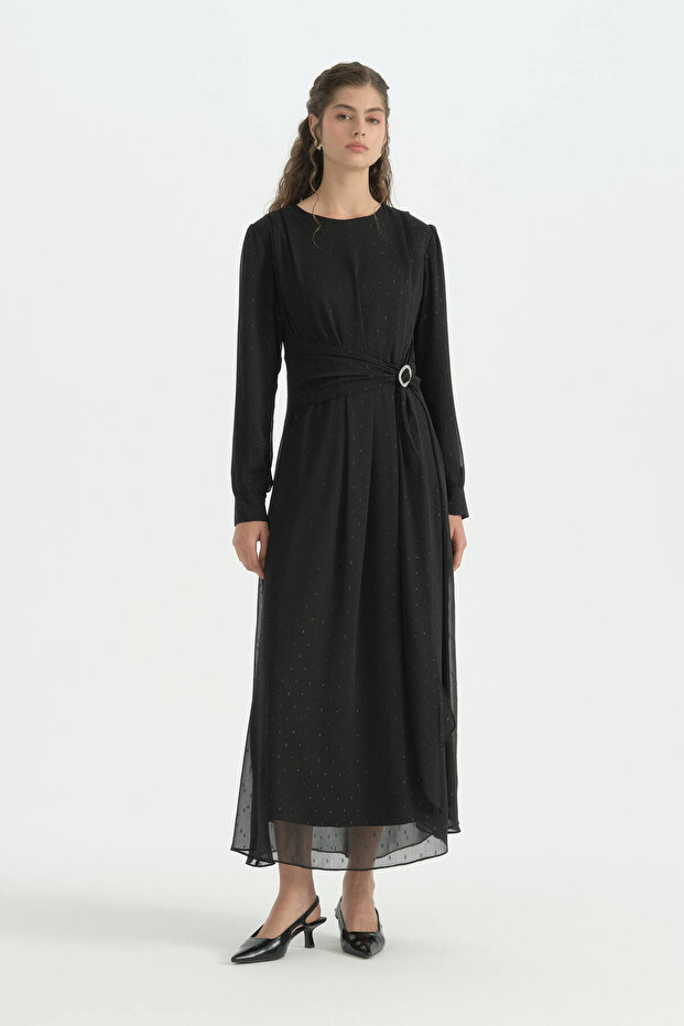 Stylish Dress with Stone Buckle Detail - Black