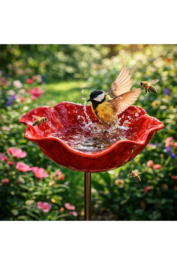 Bird Water Bottle - 14*14*65 cm - High-quality alloy material - Elegant floral design - Garden decoration - Pet supplies - Red