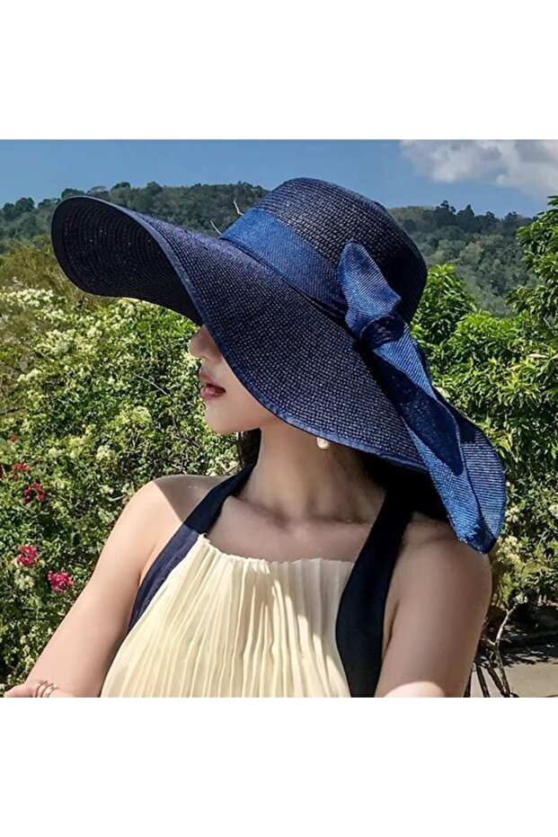 Women's Sun Hat 56-58 cm, Blue Straw Beach Hat, Floppy Wide Brim Travel Hat, UV Protective Straw Sun Hat, Adjustable Foldable Summer Vacation