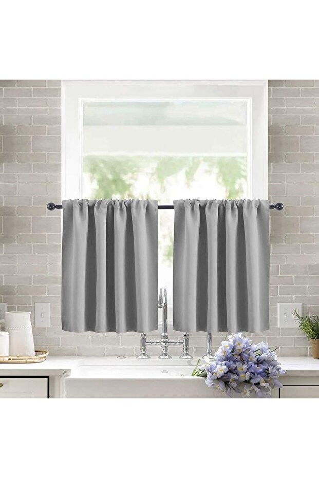 Kitchen curtains, short blackout kitchen curtains above the trough, bedroom, bathroom, basement half curtains (grey), 76 x 60 cm, a two light gray...