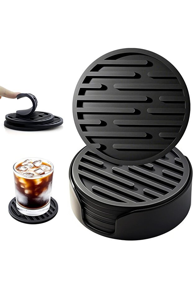 6-piece silicone coaster set with stand, non-slip round coasters, for placing coasters, tables, coffee cups, bar counters