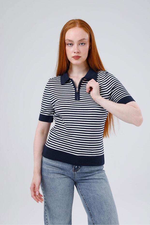 Women's Polo Neck Zipper Short Sleeve Striped Patterned Knitted Blouse
